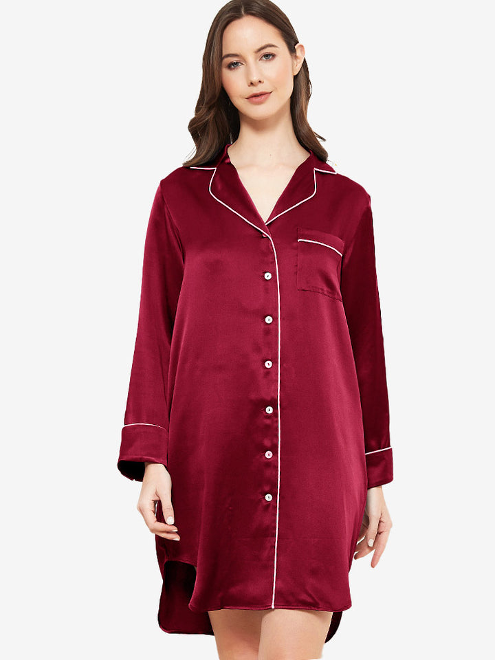 22 Momme Luxurious Roll Cuff Silk Button-Down Nightshirt