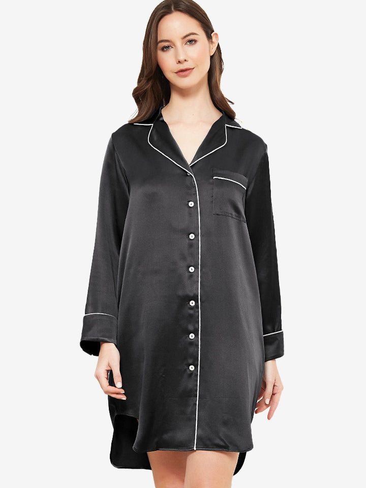 22 Momme Luxurious Roll Cuff Silk Button-Down Nightshirt