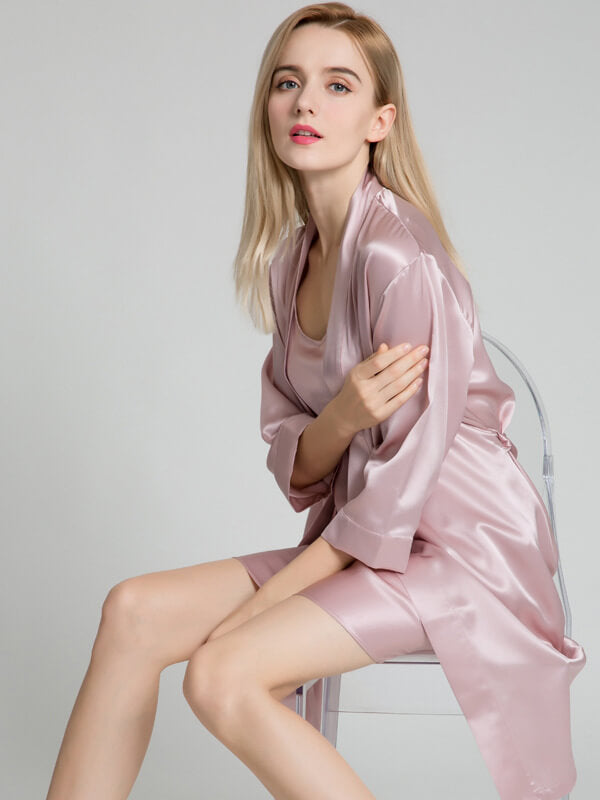 19 Momme Short Silk Robe with Waist Tie for Women