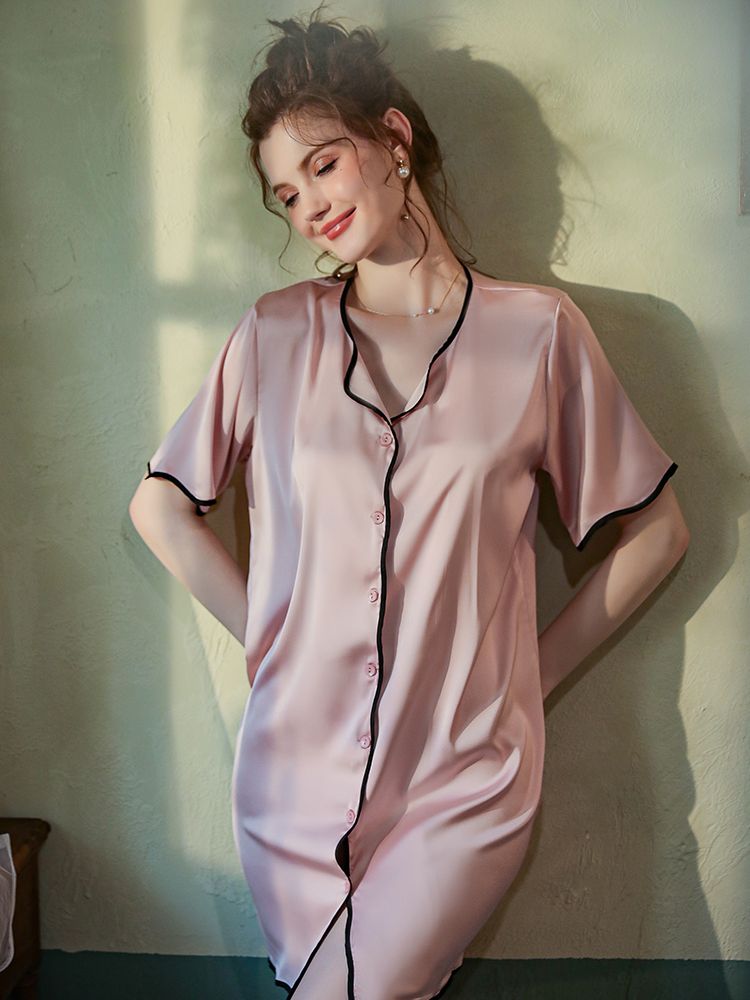 22 Momme Stylish Wavy Hem Piped Button Up Silk Nightshirt