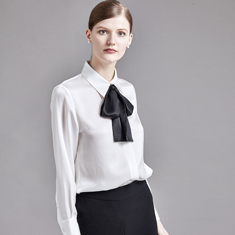 22 Momme Women Elegant 2-in-1 Long Sleeve Silk Shirt with Detachable Bow