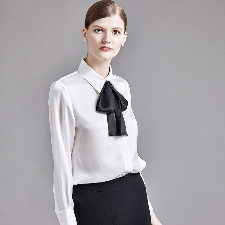 22 Momme Women Elegant 2-in-1 Long Sleeve Silk Shirt with Detachable Bow