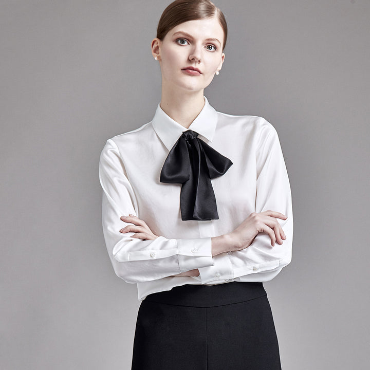22 Momme Women Elegant 2-in-1 Long Sleeve Silk Shirt with Detachable Bow