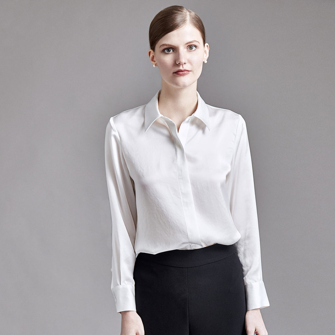 22 Momme Women Elegant 2-in-1 Long Sleeve Silk Shirt with Detachable Bow