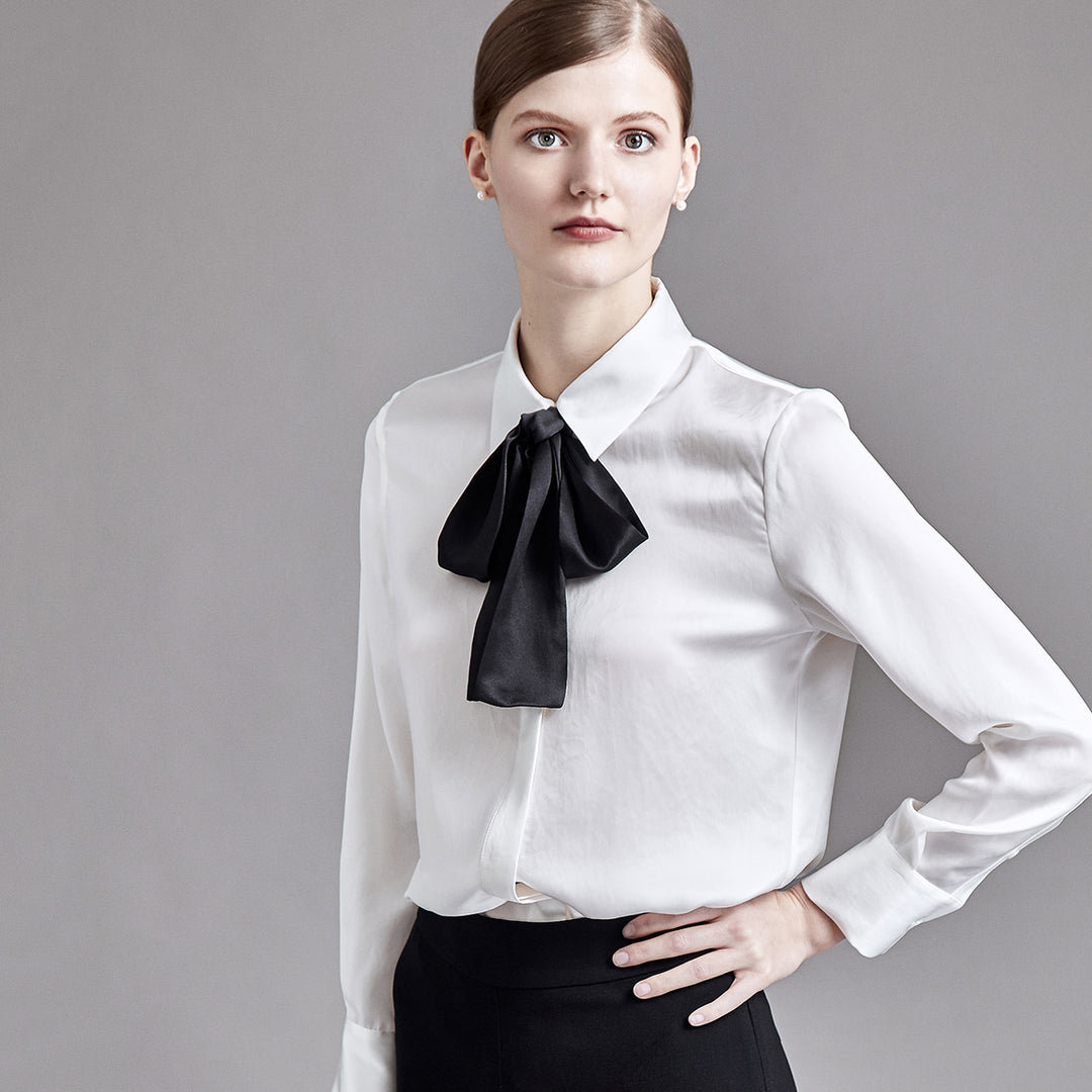 22 Momme Women Elegant 2-in-1 Long Sleeve Silk Shirt with Detachable Bow