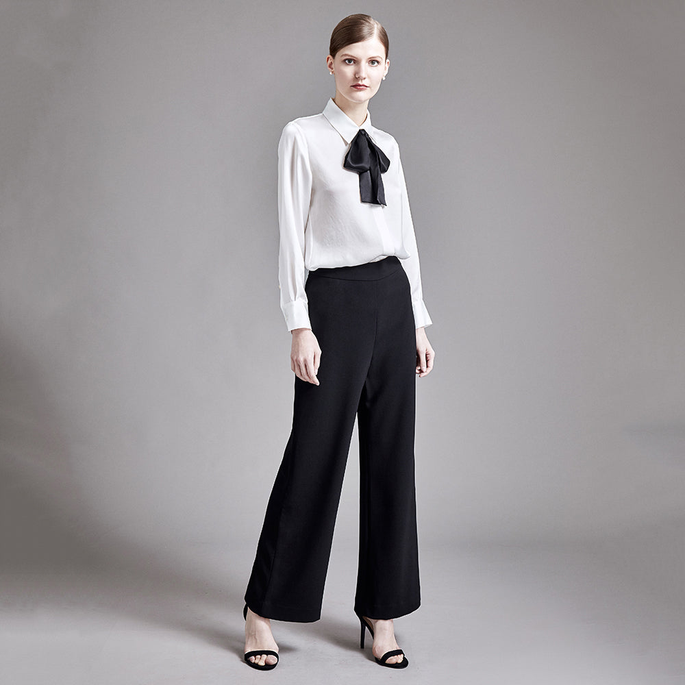 22 Momme Women Elegant 2-in-1 Long Sleeve Silk Shirt with Detachable Bow