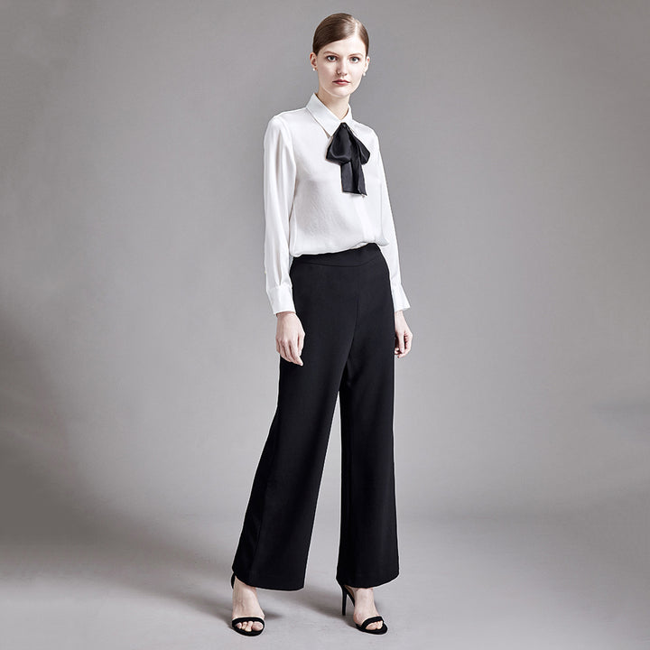 22 Momme Women Elegant 2-in-1 Long Sleeve Silk Shirt with Detachable Bow