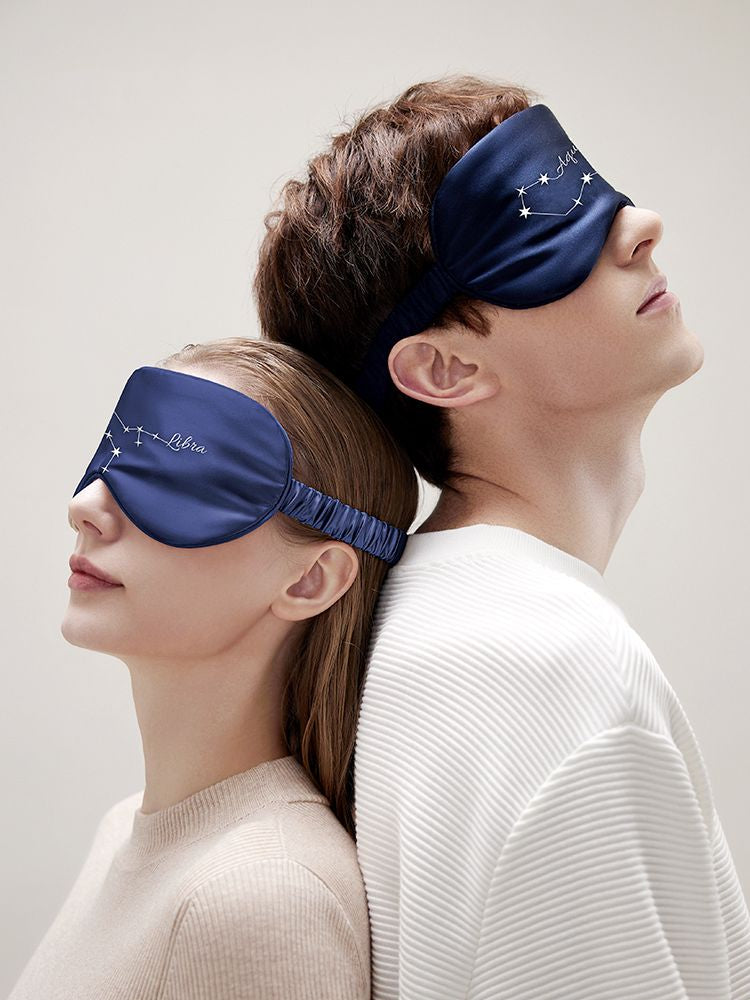 Zodiac Embroidered 100% Silk Eye Mask 22 Momme Midnight Blue Silk Sleep Mask