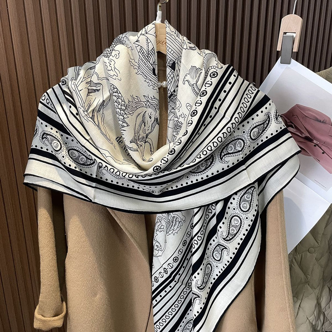 Lightweight and Soft Women Printed Silk Wool Blend Square Scarf