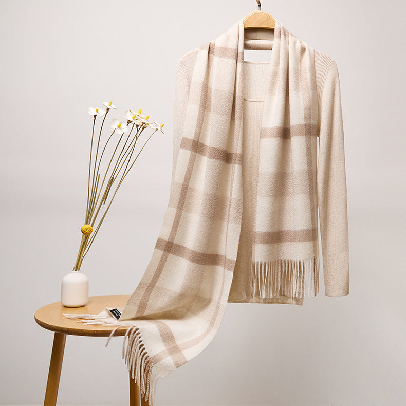 Long Plaid Pure Cashmere Scarf with Tassels