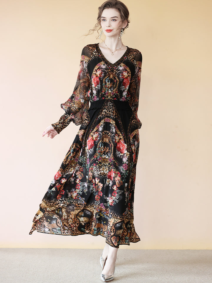 Alluring Animal Print Long Black V Neck Maxi Silk Dress SD093