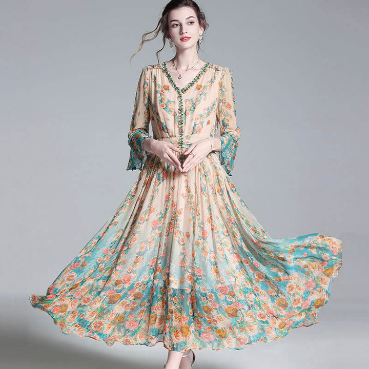 Apricot V-neck French Style Floral Mulberry Silk Maxi Dress SD035