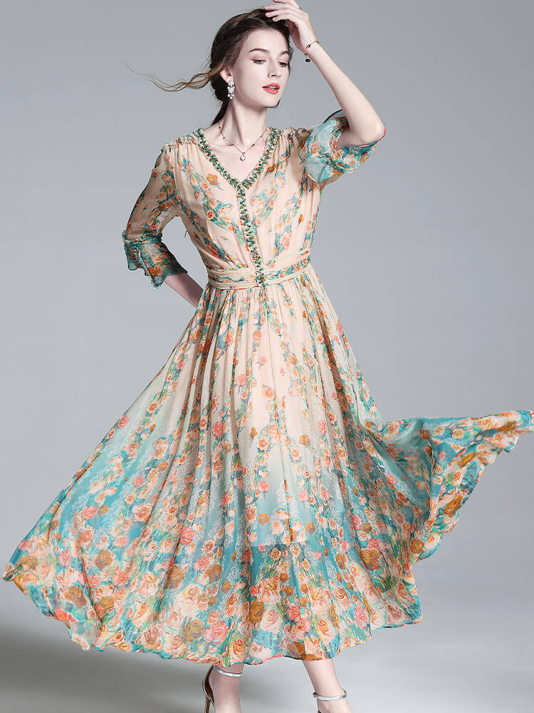 Apricot V-neck French Style Floral Mulberry Silk Maxi Dress SD035