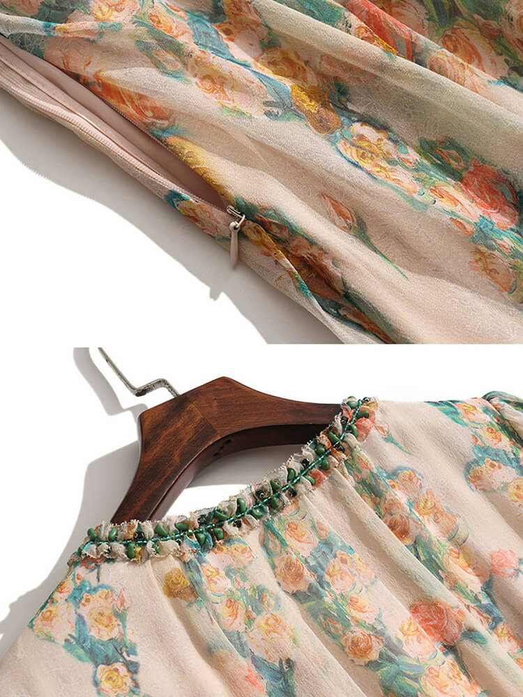 Apricot V-neck French Style Floral Mulberry Silk Maxi Dress SD035