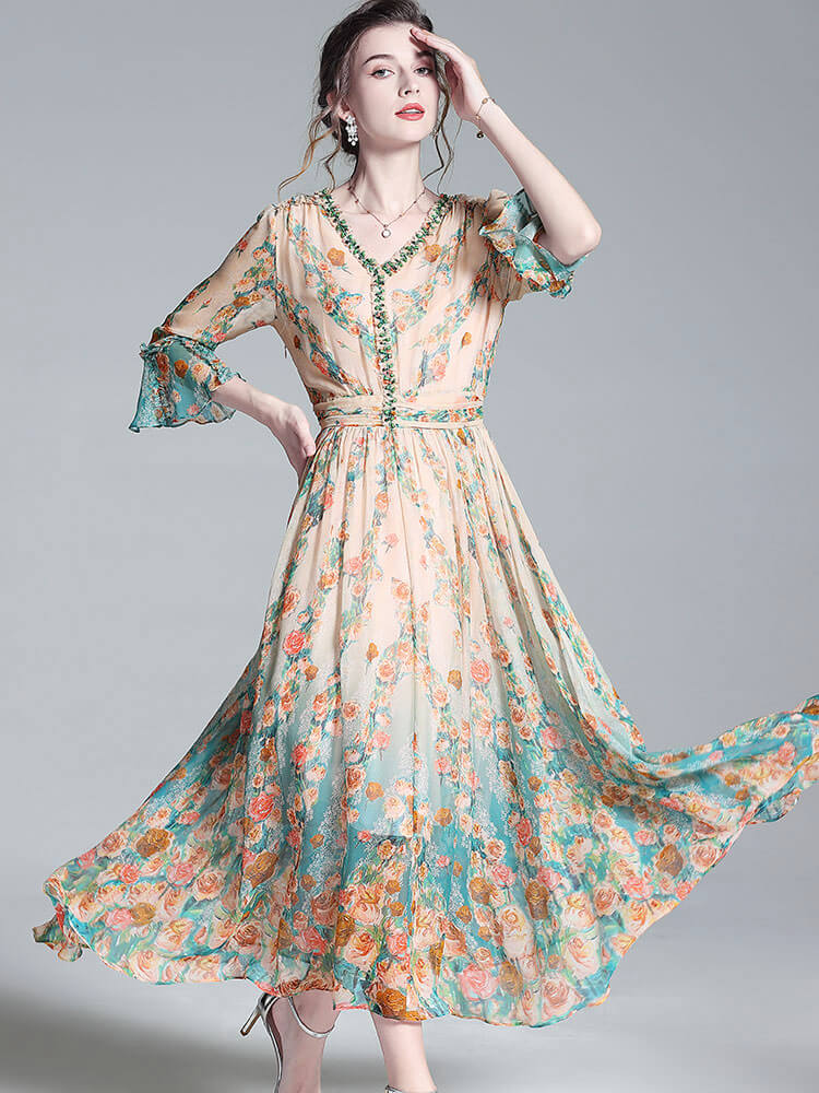 Apricot V-neck French Style Floral Mulberry Silk Maxi Dress SD035