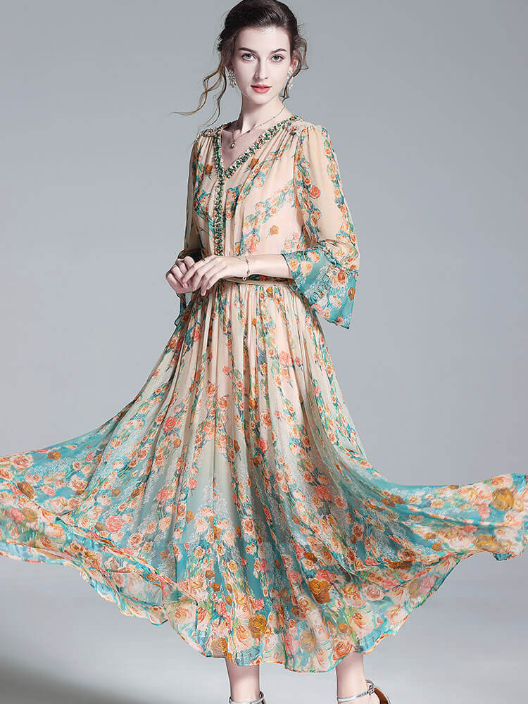 Apricot V-neck French Style Floral Mulberry Silk Maxi Dress SD035