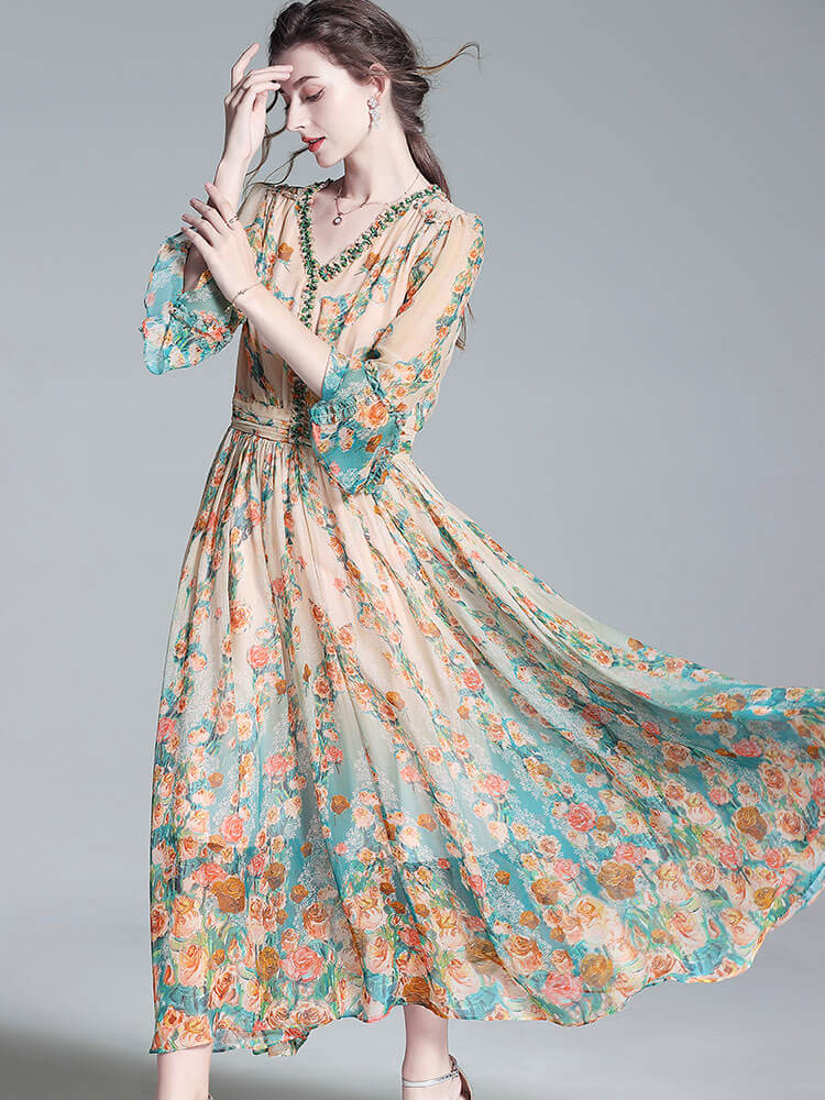 Apricot V-neck French Style Floral Mulberry Silk Maxi Dress SD035