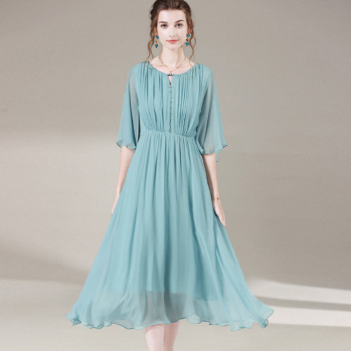 Aqua Blue Romantic Long Silk Ruffle Dress SD055