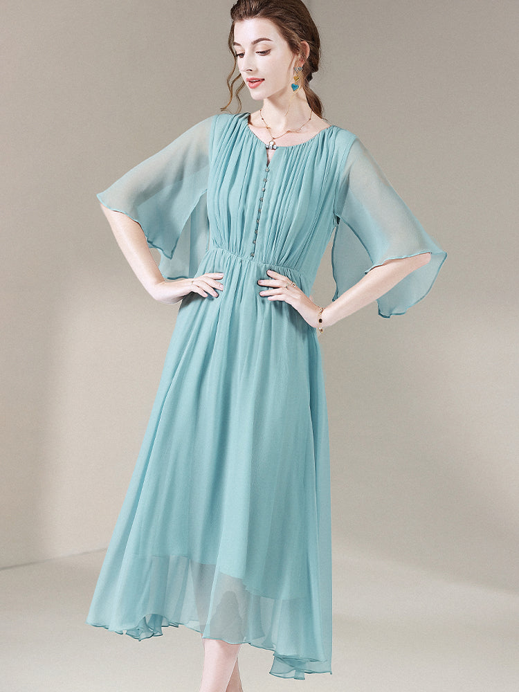 Aqua Blue Romantic Long Silk Ruffle Dress SD055