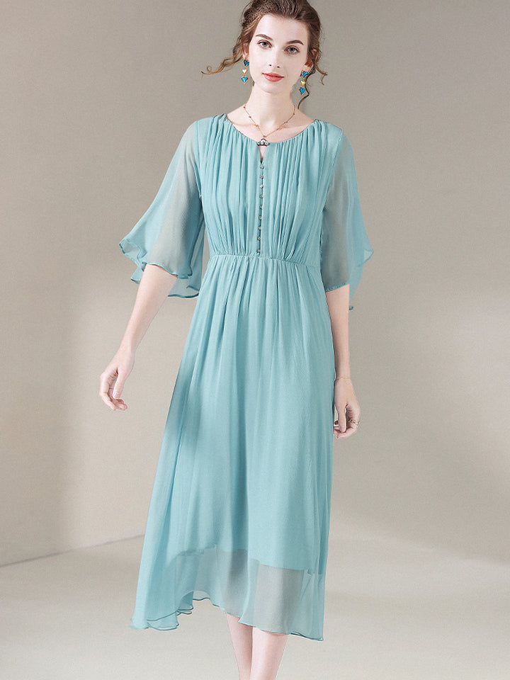 Aqua Blue Romantic Long Silk Ruffle Dress SD055