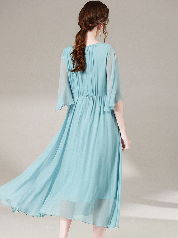 Aqua Blue Romantic Long Silk Ruffle Dress SD055