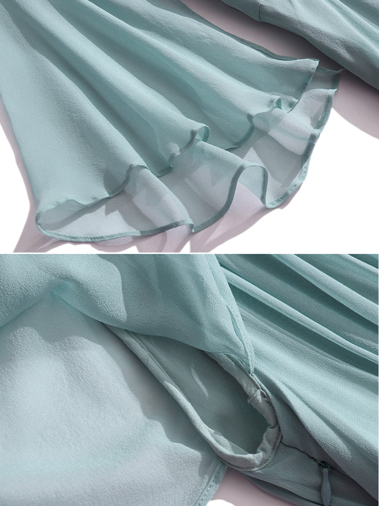 Aqua Blue Romantic Long Silk Ruffle Dress SD055