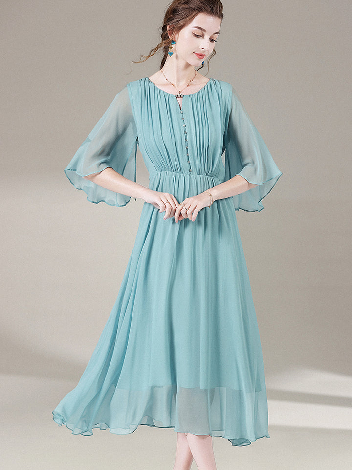 Aqua Blue Romantic Long Silk Ruffle Dress SD055