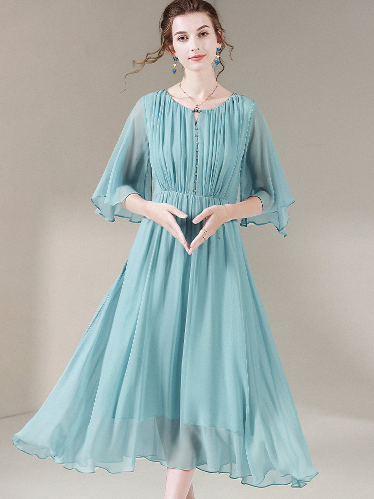 Aqua Blue Romantic Long Silk Ruffle Dress SD055