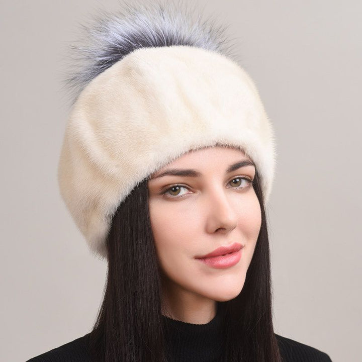 Luxury Real Mink Fur Beanie Hat with Fox Fur Pom-Pom Women's Elegant Warm Winter Hat