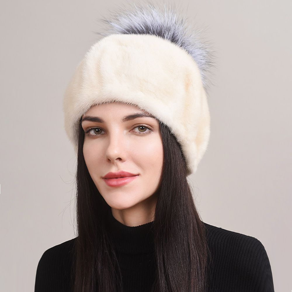 Luxury Real Mink Fur Beanie Hat with Fox Fur Pom-Pom Women's Elegant Warm Winter Hat