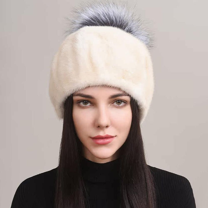 Luxury Real Mink Fur Beanie Hat with Fox Fur Pom-Pom Women's Elegant Warm Winter Hat