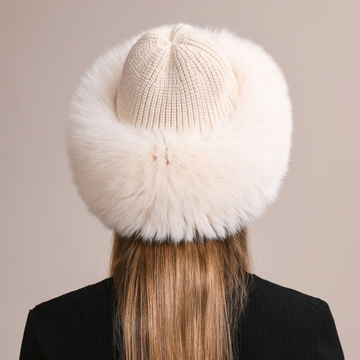 Real Fox Fur Beanie Hat for Women Knit Winter Hat with Full Fur Trim