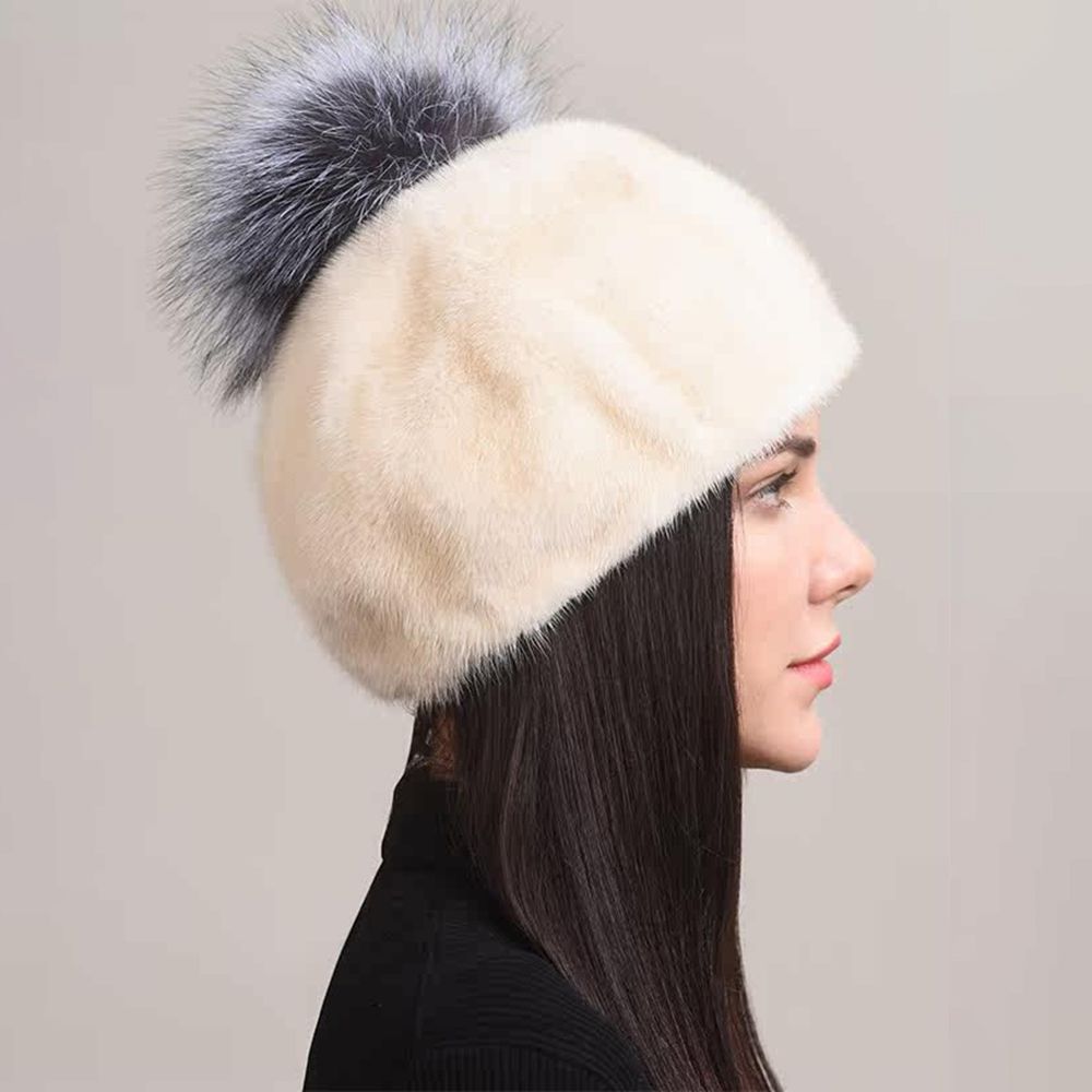 Luxury Real Mink Fur Beanie Hat with Fox Fur Pom-Pom Women's Elegant Warm Winter Hat