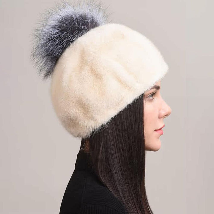 Luxury Real Mink Fur Beanie Hat with Fox Fur Pom-Pom Women's Elegant Warm Winter Hat