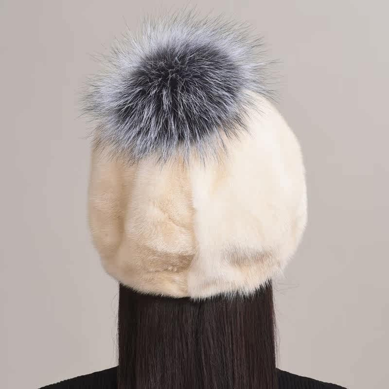 Luxury Real Mink Fur Beanie Hat with Fox Fur Pom-Pom Women's Elegant Warm Winter Hat