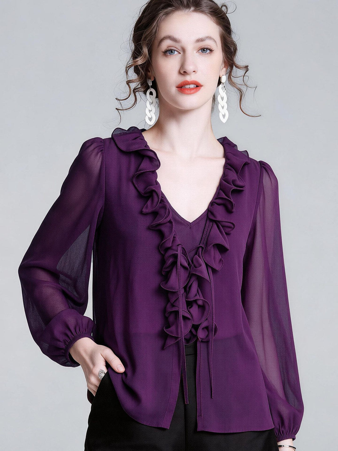 Women's Luxury Deep Purple Silk Ruffle Blouse Elegant V-Neck Long Sleeve Silk Shirt