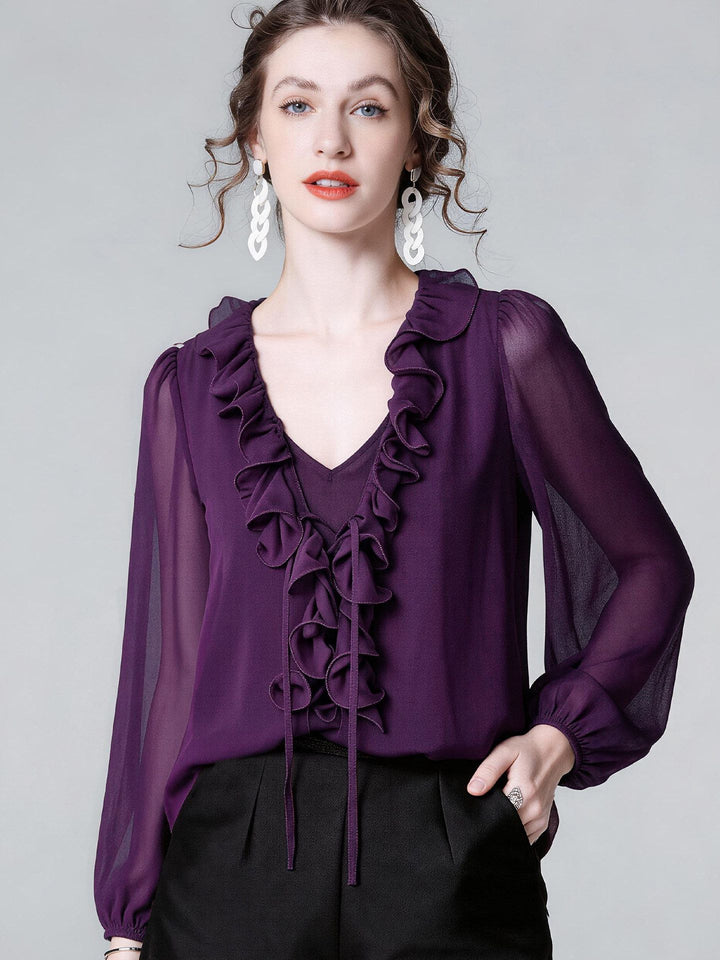 Women's Luxury Deep Purple Silk Ruffle Blouse Elegant V-Neck Long Sleeve Silk Shirt