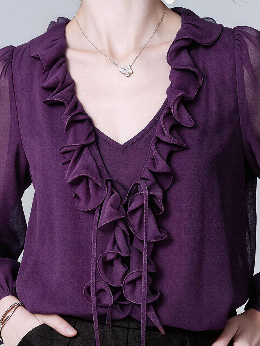 Women's Luxury Deep Purple Silk Ruffle Blouse Elegant V-Neck Long Sleeve Silk Shirt
