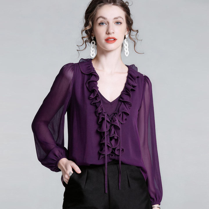 Women's Luxury Deep Purple Silk Ruffle Blouse Elegant V-Neck Long Sleeve Silk Shirt
