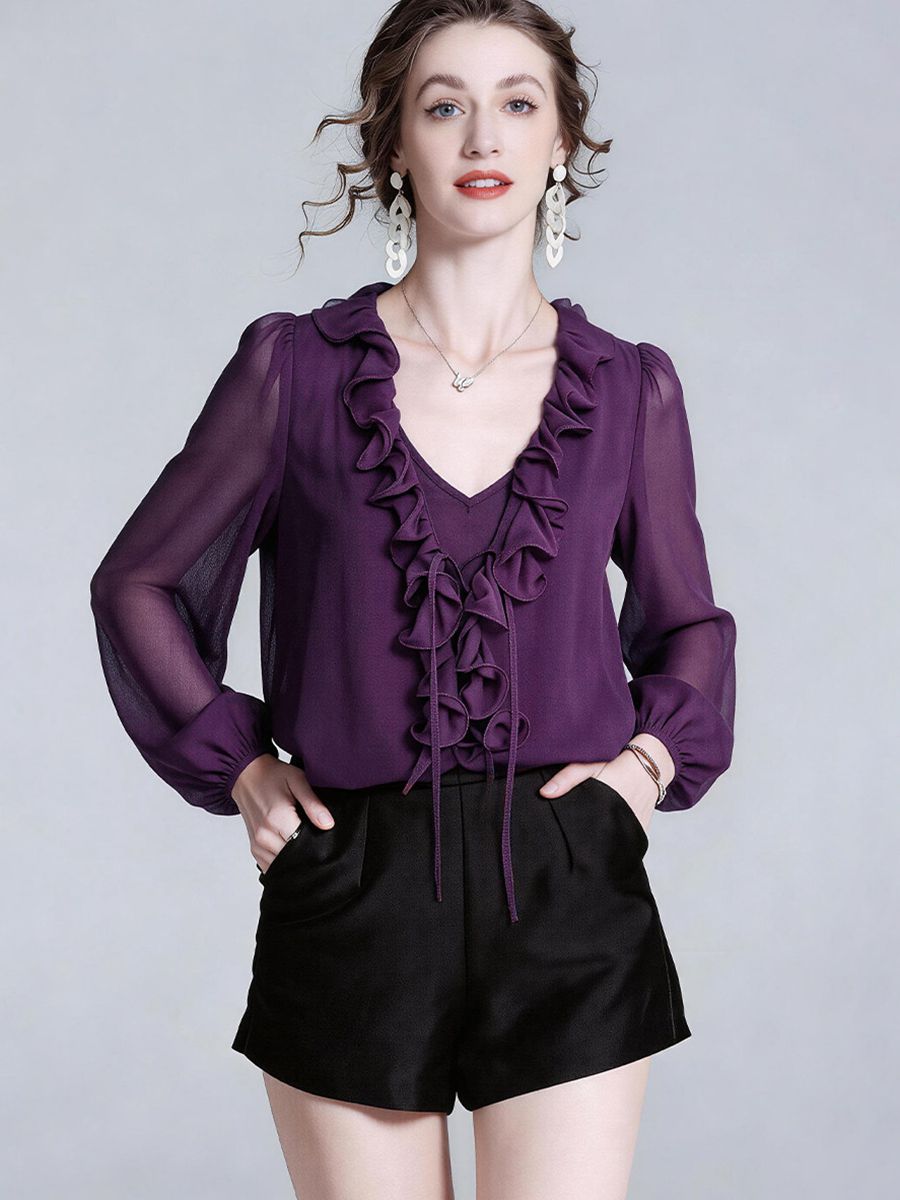 Women's Luxury Deep Purple Silk Ruffle Blouse Elegant V-Neck Long Sleeve Silk Shirt