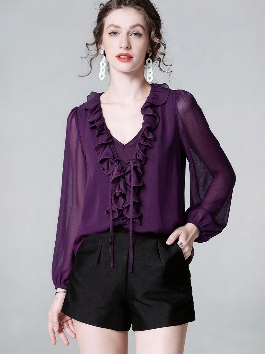 Women's Luxury Deep Purple Silk Ruffle Blouse Elegant V-Neck Long Sleeve Silk Shirt