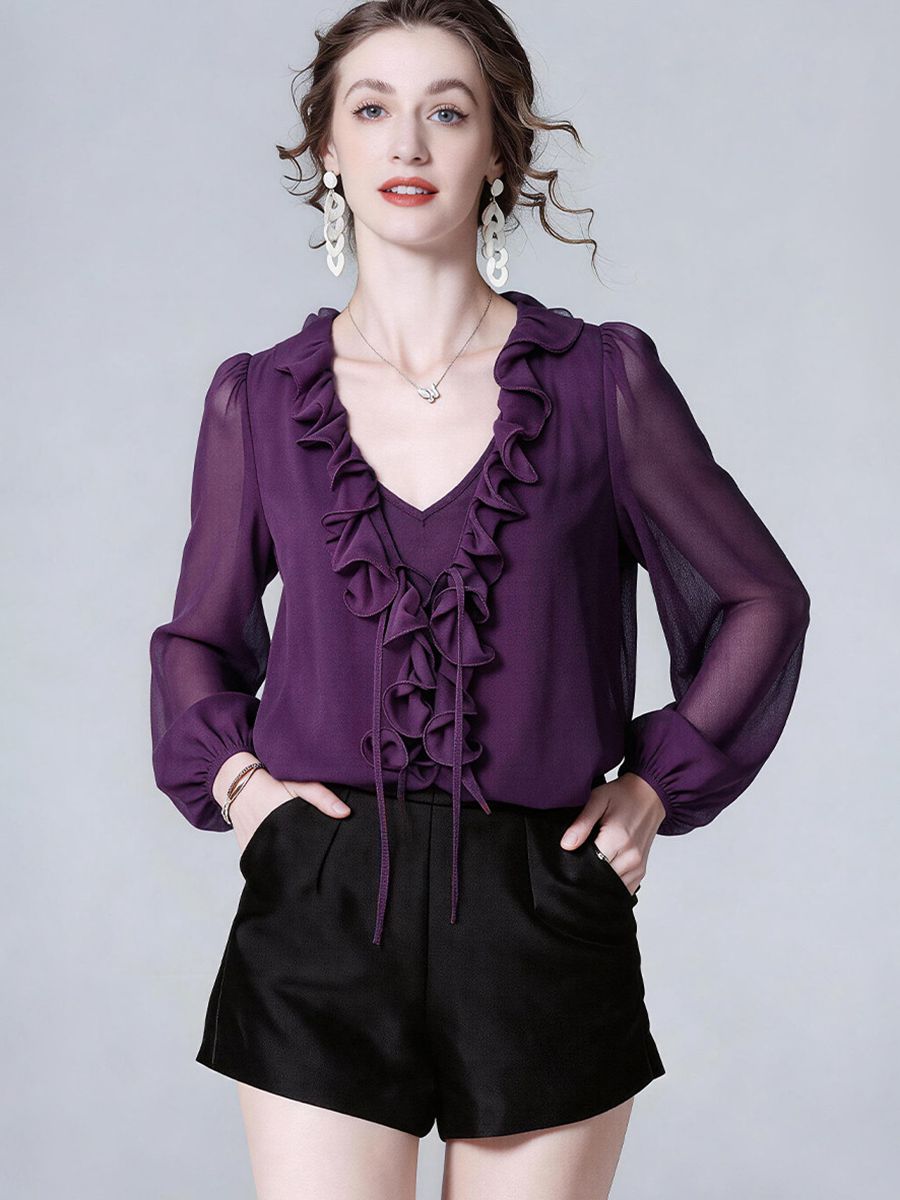 Women's Luxury Deep Purple Silk Ruffle Blouse Elegant V-Neck Long Sleeve Silk Shirt