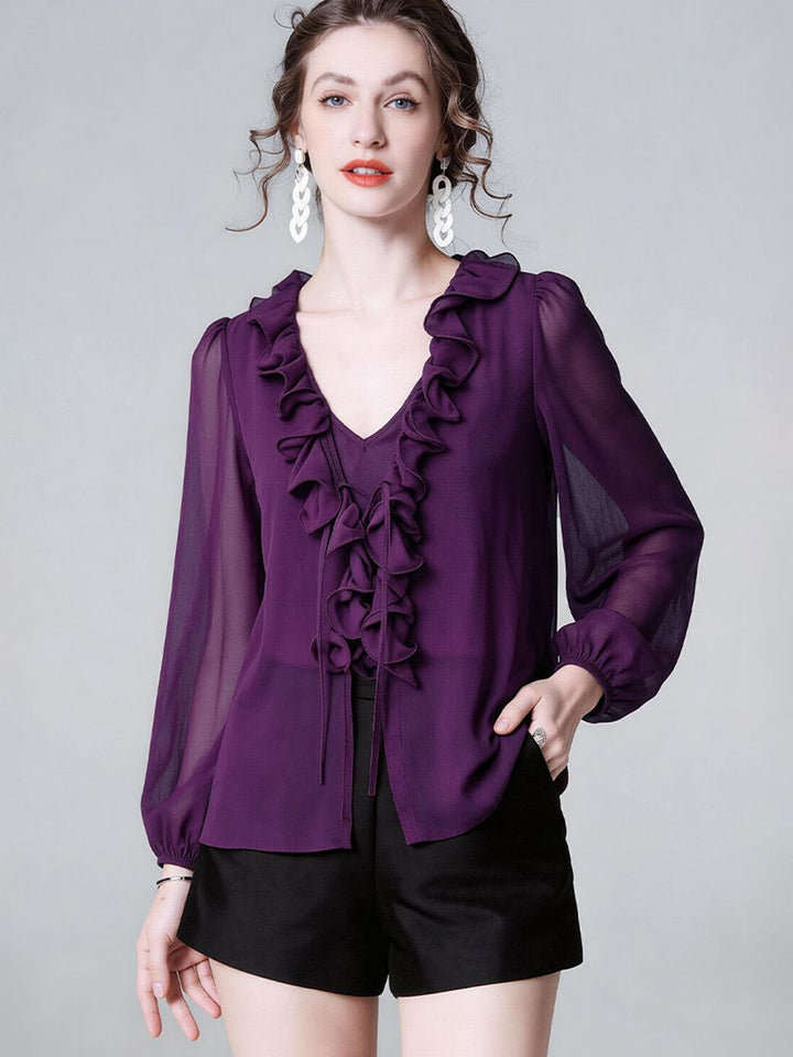 Women's Luxury Deep Purple Silk Ruffle Blouse Elegant V-Neck Long Sleeve Silk Shirt