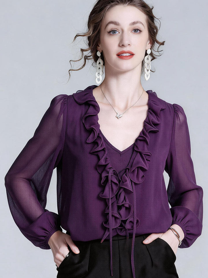 Women's Luxury Deep Purple Silk Ruffle Blouse Elegant V-Neck Long Sleeve Silk Shirt