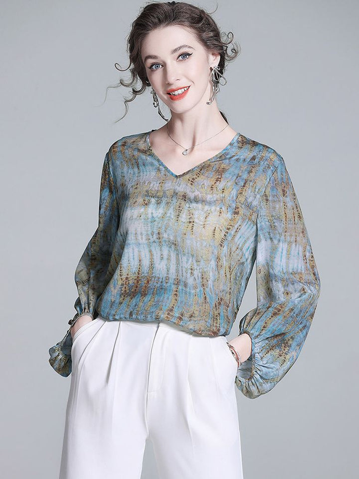 Women's Pastel Blue Printed Lantern Sleeve Lightweight V-Neck Silk Blouse
