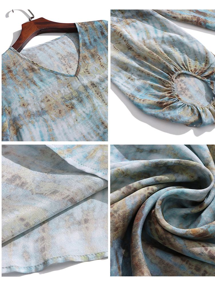 Women's Pastel Blue Printed Lantern Sleeve Lightweight V-Neck Silk Blouse