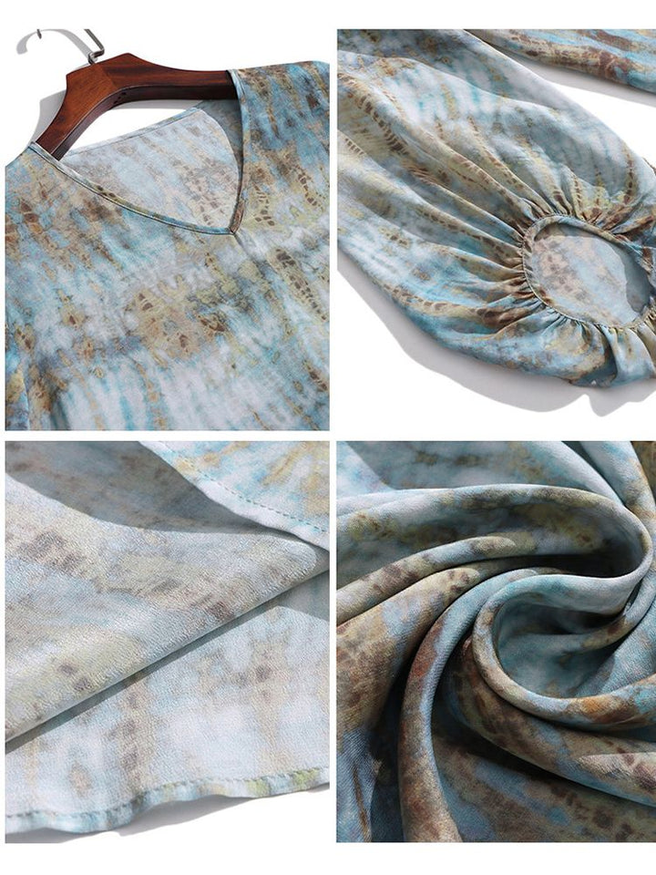 Women's Pastel Blue Printed Lantern Sleeve Lightweight V-Neck Silk Blouse