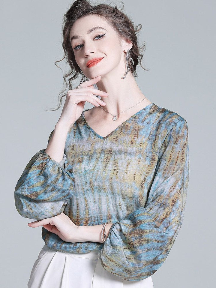 Women's Pastel Blue Printed Lantern Sleeve Lightweight V-Neck Silk Blouse