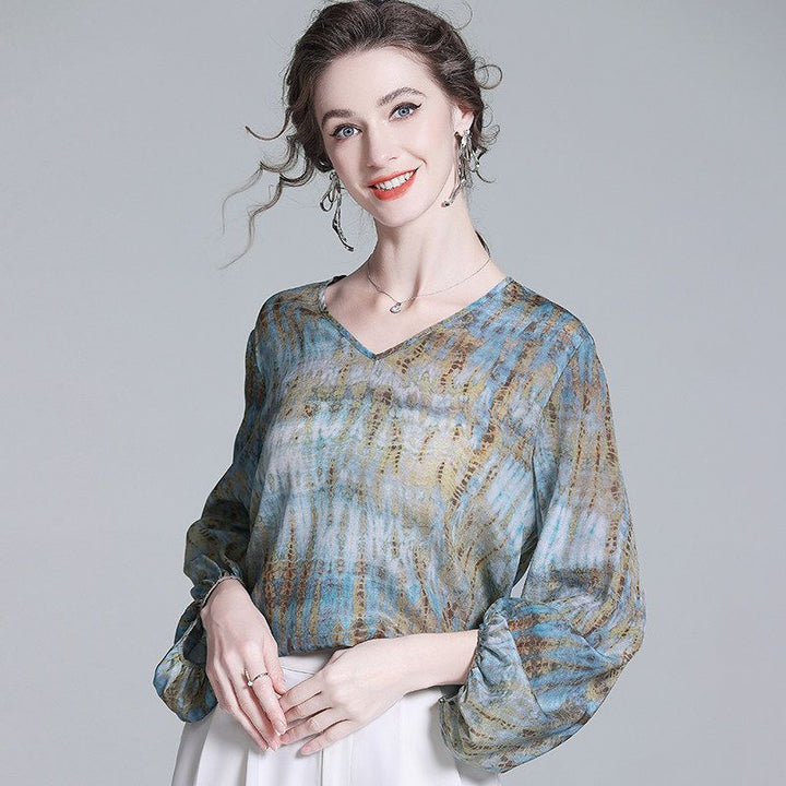 Women's Pastel Blue Printed Lantern Sleeve Lightweight V-Neck Silk Blouse