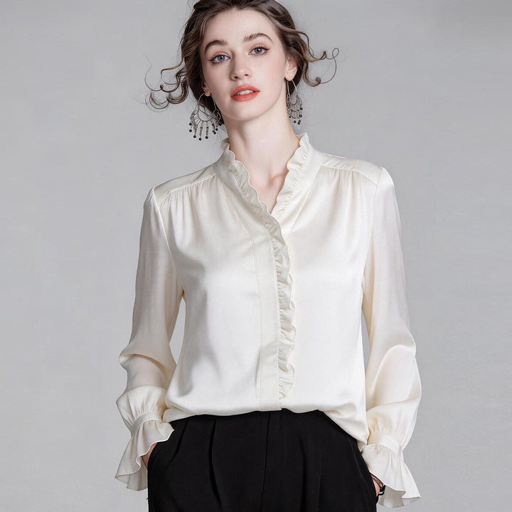 Elegant Ivory White Long Sleeve Ruffle Trim Button-Down Silk Blouse Flared Cuffs